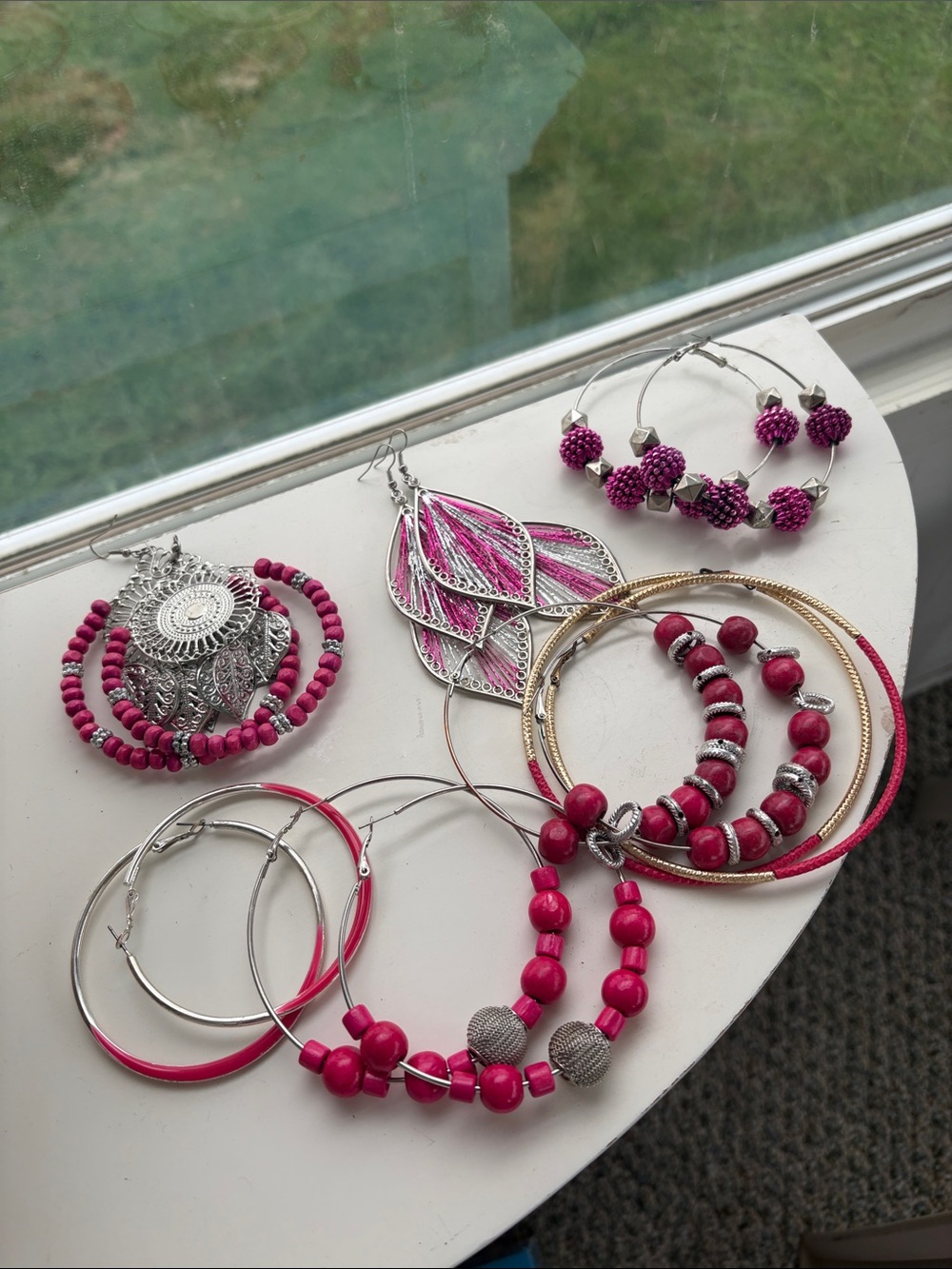 Pink Earrings Lot 7 Pairs Hoop Beaded Statement Jewelry Bundle Set- Mixed